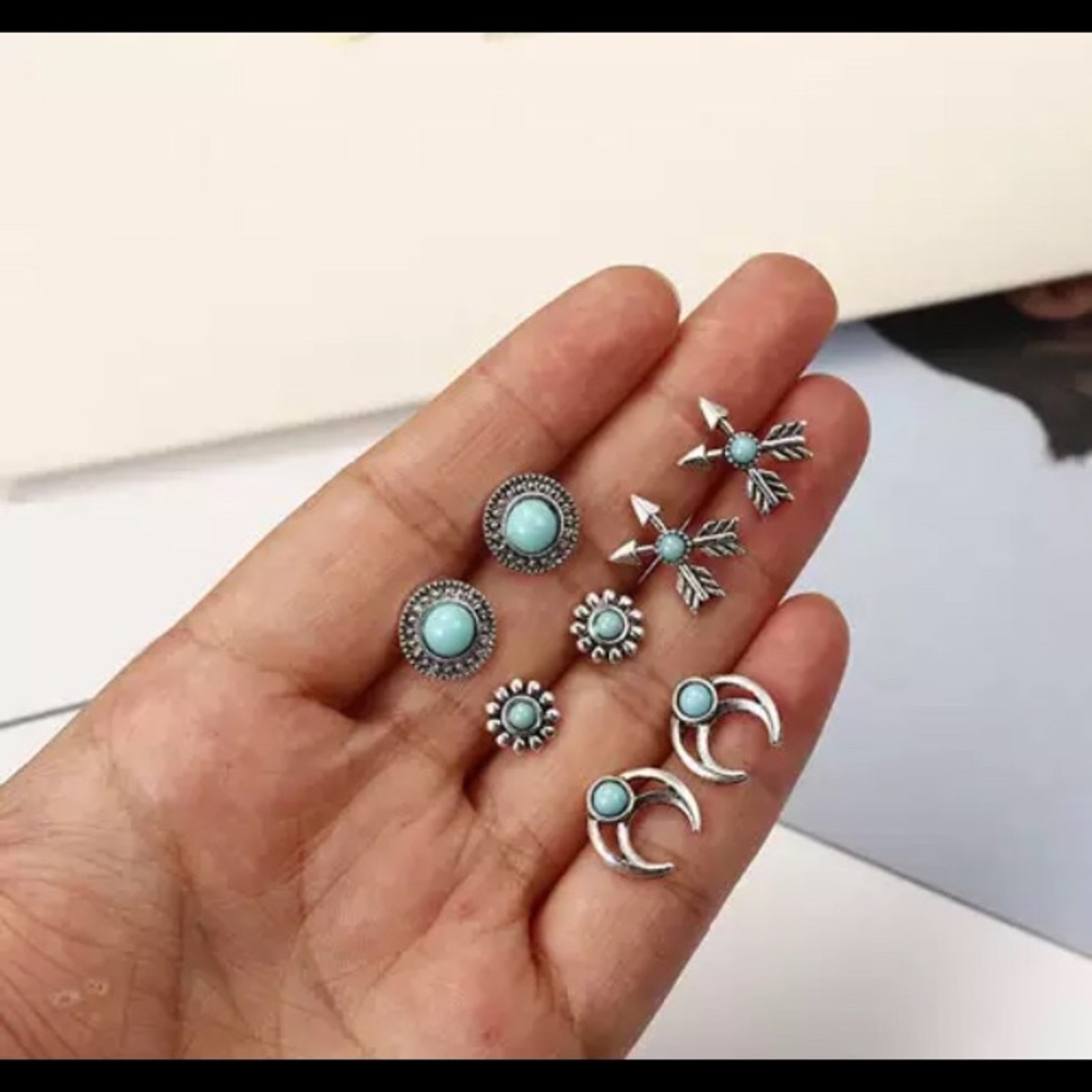 4 Pair Boho Arrows Turquoise and Silver Earrings - Picture 5 of 7